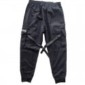 Men's streetwear cargo pants joggers hip-hop long trousers with multi-pockets Ribbon athleisure sweatpants sports outdoor fashion casual relaxed fit with elastic waist drawstring pants