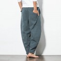 men cotton casual pants elastic waist loose fit straight-legs stretchy summer beach long baggy pants (black,large)
