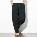 men cotton casual pants elastic waist loose fit straight-legs stretchy summer beach long baggy pants (black,large)