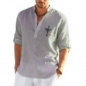 Men's Shirt  Solid Color Cross Standing Collar Street Casual Button-Down Print Half Sleeve Tops Designer Casual Fashion Breathable White Black Gray / Summer
