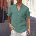 100% Cotton men‘s v-neck men‘s t-shirt flax loose undershirt solid color short-sleeved cotton  linen t-shirt men‘s casual hair