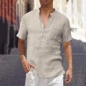 100% Cotton men‘s v-neck men‘s t-shirt flax loose undershirt solid color short-sleeved cotton  linen t-shirt men‘s casual hair