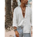 Men's Casual Shirt 100% Cotton Solid Color Collar Button Down Street Daily Outdoor Long Sleeve Tops Simple Lightweight Breathable Comfortable Green White Vacation Beach Travel Holiday