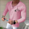 Men's Shirt Solid Color Lion V Neck White Black Blue Gray Pink 3/4-Length Sleeve Outdoor Street Drawstring Print Tops Fashion Designer Casual Breathable / Summer / Spring / Summer