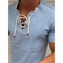 Men's Shirt Solid Colored Standing Collar Dark Gray Navy Blue Light Blue Short Sleeve Casual Daily Drawstring Tops Fashion Casual Breathable Comfortable / Long Sleeve / Hand wash / Washable