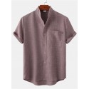 Men's Shirt Solid Color Stand Collar Street Casual Button-Down Short Sleeve Tops Casual Fashion Comfortable Black Light Green Khaki/Summer Shirts