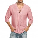 Men's Shirt Solid Color V Neck Drawstring Party Casual 3/4 Length Sleeve Tops Casual Daily Streetwear Beach Vacation Holiday Summer Fall Shirts Comfortable Lightweight White