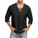 Men's Shirt Solid Color V Neck Drawstring Party Casual 3/4 Length Sleeve Tops Casual Daily Streetwear Beach Vacation Holiday Summer Fall Shirts Comfortable Lightweight White