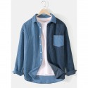 Men's patchwork corduroy color block long sleeve shirts with pocket