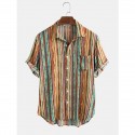 Men's Multicolored Striped Print Linen Short Sleeve Shirt With Pocket