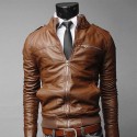 Men's Faux Leather Jacket Daily Going out Work Spring &  Fall Regular Coat Stand Collar Regular Fit Basic Vintage Jacket Long Sleeve Solid Colored Black Light Brown Brown