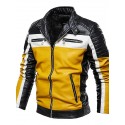 Men's Faux Leather Jacket Daily Spring &  Fall Fall & Winter Regular Coat Stand Collar Regular Fit Basic Jacket Long Sleeve Solid Colored Yellow Red