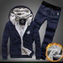 men's fleece lined hooded jacket thicken strings sweatsuit set black x-large