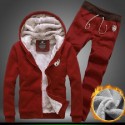 men's fleece lined hooded jacket thicken strings sweatsuit set black x-large